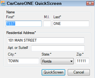 The QuickScreen window with the customer information entered.